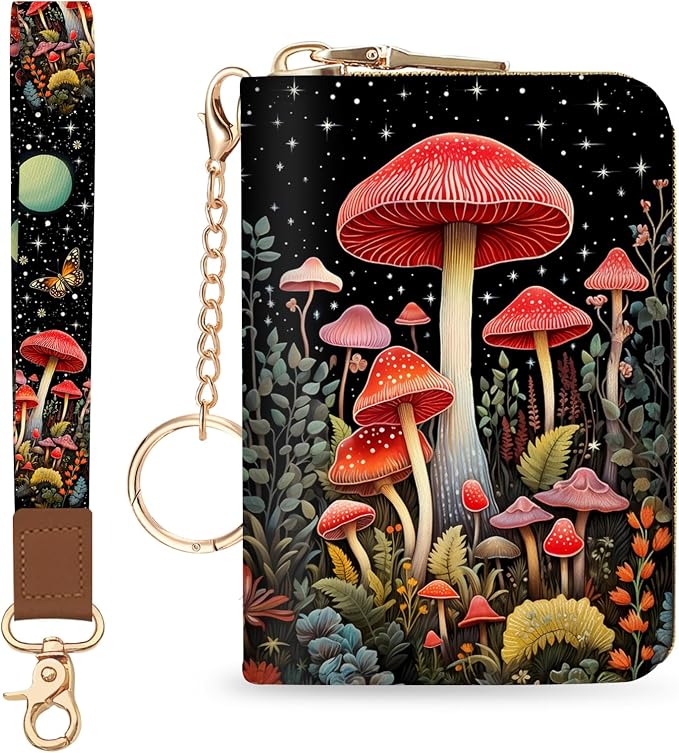 Blusabaca Women Credit Card Holder, Small RFID Wallet with Wristlet Strap | Mushroom, Removable Keychain, Case Zipper, PU Leather, Cash Coin Pocket, Business Purse with Key Lanyard, Ladies Female Gift