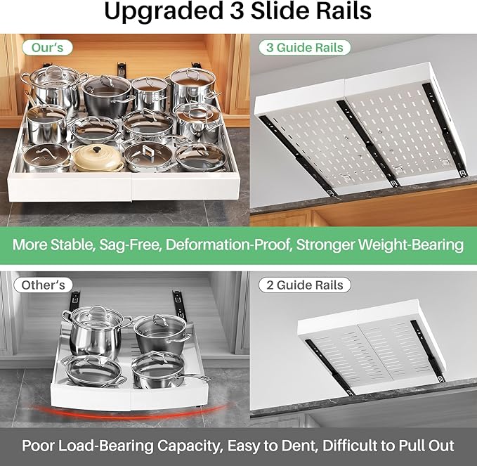 2 Pack Pull out Cabinet Organizer, Expandable Width(14"-24"), Depth(13"-24") with 3 Rails, Slide Out Drawers With Raising Pad for Framed Cabinets, with Adhesive Film for Cabinets in Kitchen, White