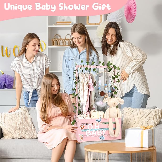 Large Baby Shower Gifts Basket Wooden Crate, Personalized Wooden Letters Hangers New Born Baby Girl Boy Pregnancy Gifts for New Mom Parents Vine Decorations Cute Closet with Adjustable Handle Pink