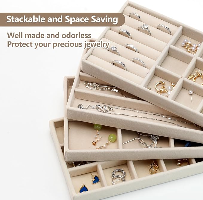 Set of 4 Beige Stackable Jewelry Trays, Jewelry Drawer Organizer Inserts | Jewelry Organizer Trays for Drawer, Jewelry Display Tray Storage with Removable Dividers for Earring Ring Necklace Bracelet