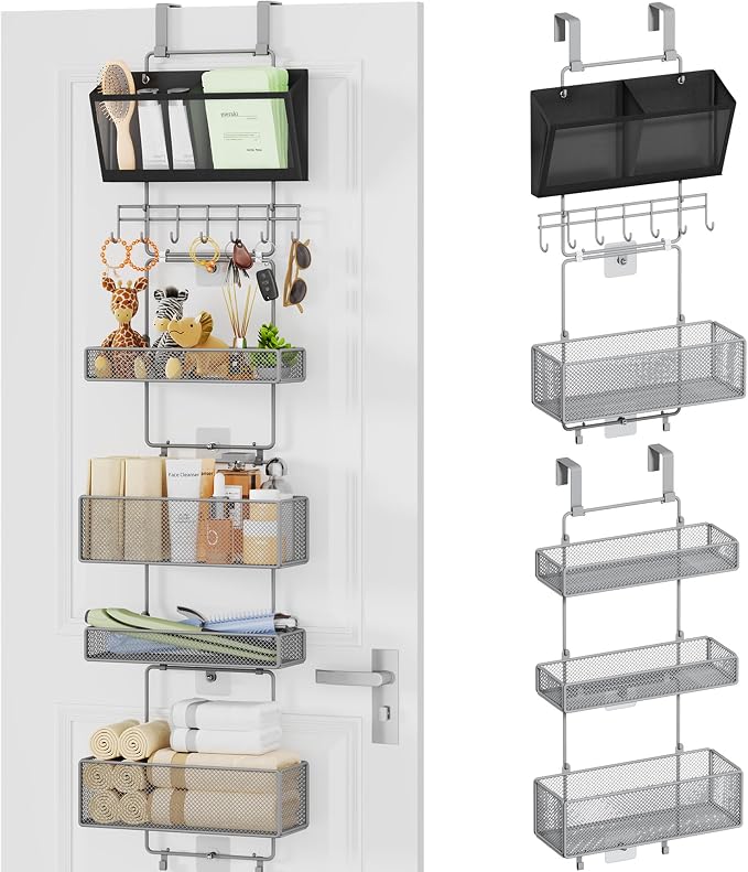 HapiRm Over Door Organizer Hanging - 6 Tier Over The Door Storage with Visual Pockets & Hooks, with 4 Metal Large Capacity Baskets for Bathroom Bedroom Kitchen Pantry Cabinet(Grey)