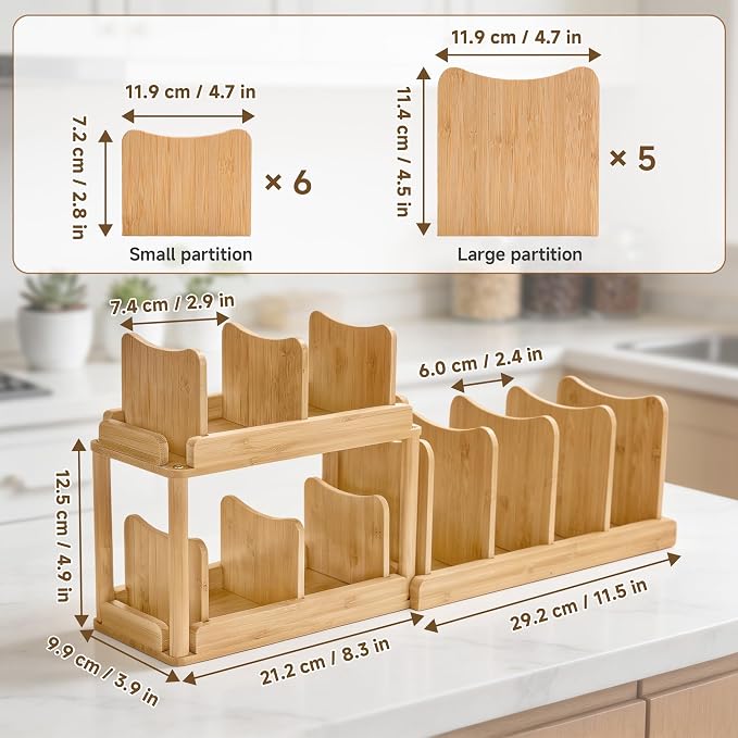 YIGII 2-Tier Bamboo Container Lid Organizer with Dividers for Cabinet | Natural Bamboo, Moisture-Resistant, Removable Dividers, 2-Tier or Separate, for Drawers Countertops, Fits Small to Large Lids