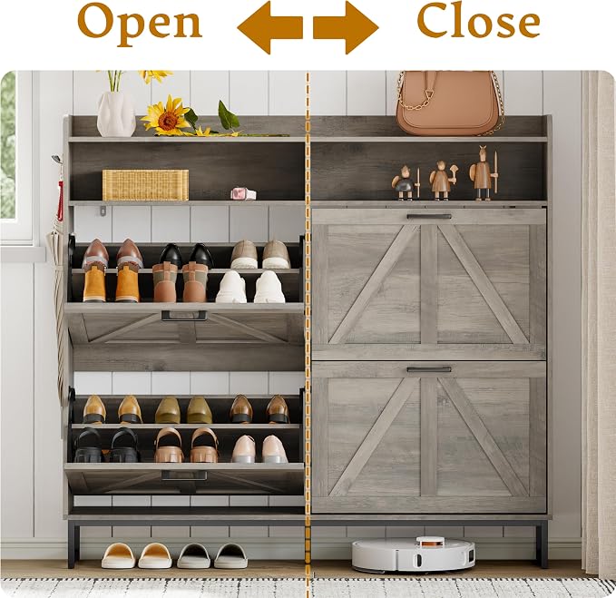 Wodeer Shoe Cabinet Storage for Entryway, Shoe Storage Cabinet with 4 Flip Drawers, Freestanding Narrow Shoe Rack Organizer with Metal Legs, Adjustable Shelves & Open Storage for Foyer, Hallway, Grey
