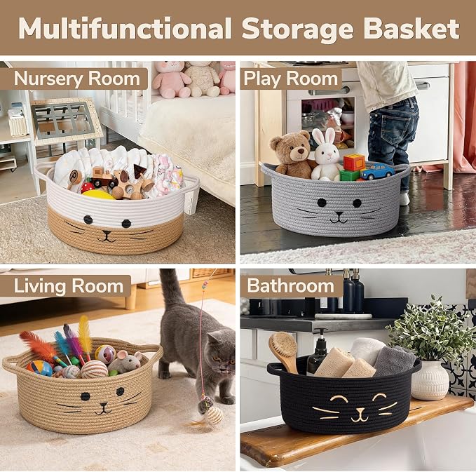 Cat Toy Basket, 13.8" x 6" Woven Baby Basket for Living Room, Medium Gift Baskets Empty, Cotton Rope Basket for Cat Bed Nursery Organizer, White & Jute