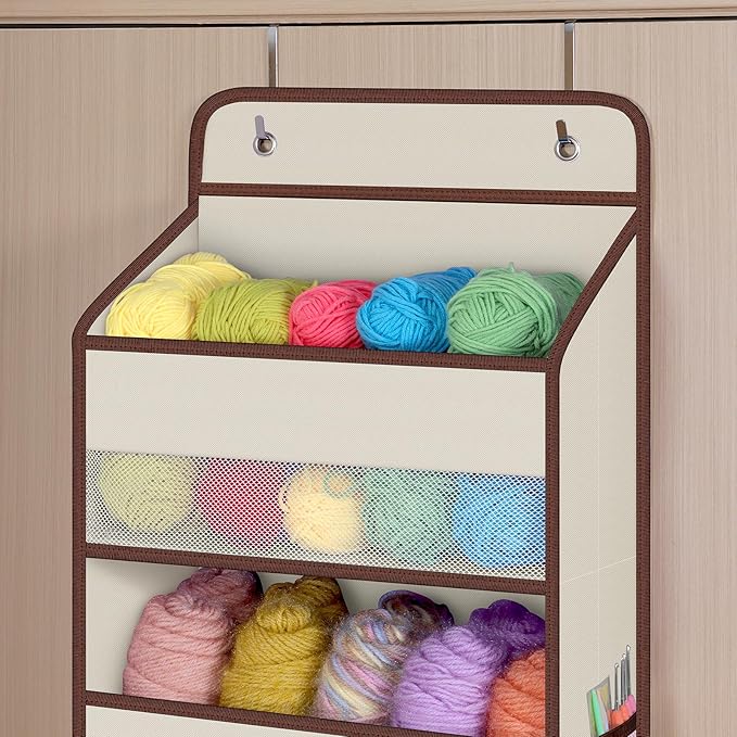 Univivi 6 Tier Over The Door Organizer With 8 Mesh Side Pockets, Bathroom Organizers and Storage Over The Door Organizer For Nursery Baby Essentials (Beige)