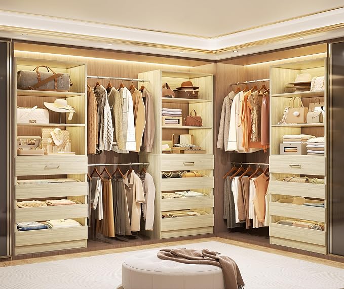 Aheaplus Closet System with 12 Drawers, 8.5-11.5Ft Wood Closet Organizer System with 4 Hanging Rods & 3 Towers, 4Ft & 6Ft L-Shaped Walk-in Closets Wardrobe Organizer Clothes Rack, Set of 3, White Oak