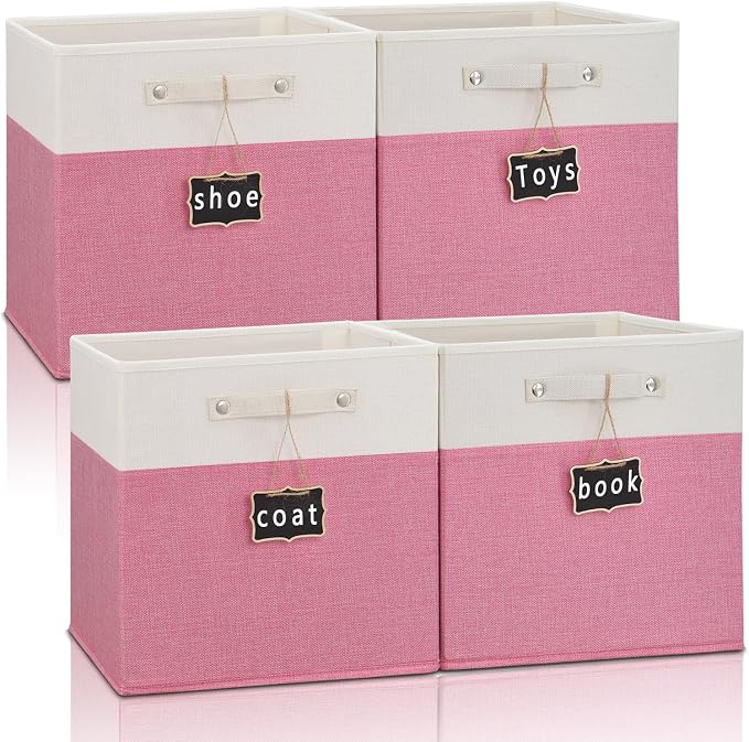 Foldable Fabric Storage Cubes 4 Pack - 13x13x13 - Linen Cubes for Kallax Shelves (White, Pink) with Labels