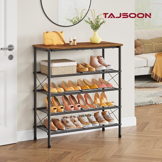Tajsoon 5 Tier Shoe Rack Organizer for 16-20 Pairs of Shoes, Metal Mesh Shoe Shelf for Closet, Industrial Shoe Rack for Entryway Shoe Storage with X Shape Fixed Frame, Rustic Brown & Black