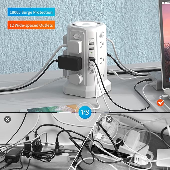 Surge Protector Power Strip Tower with 5 USB Ports and Night Light, 10FT Extension Cord with 12 AC Multiple Outlets, PASSUS Power Tower, Overload Protection for Home Office Dorm Room (2PC-White)