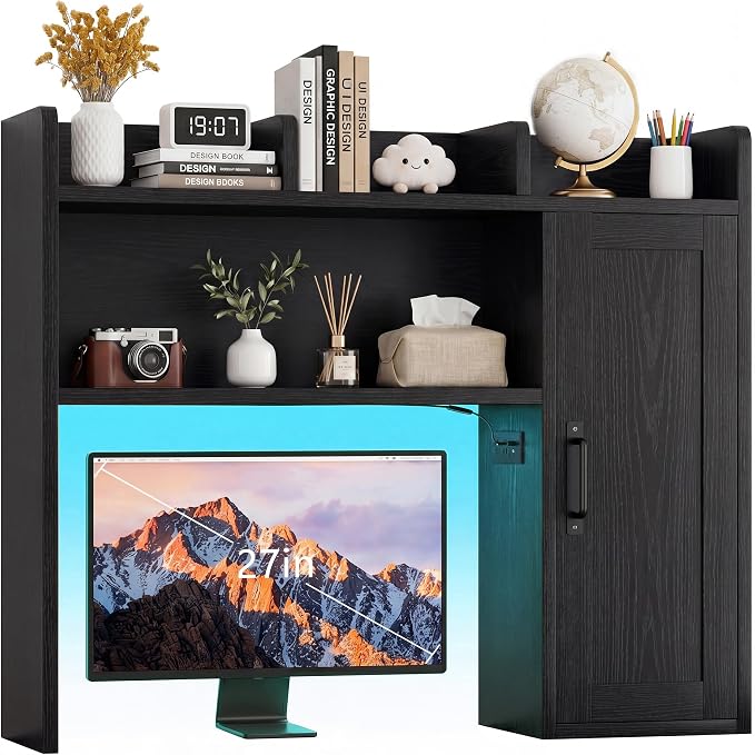 Desktop Storage Shelf, 37.4" Computer Desk Organizer 3-Tier Wood Desktop Storage Shelf Desk Hutch Dorm with RGB LED Light & Power Outlets for PC Gamers, Office, College Dorm Must Haves-Black