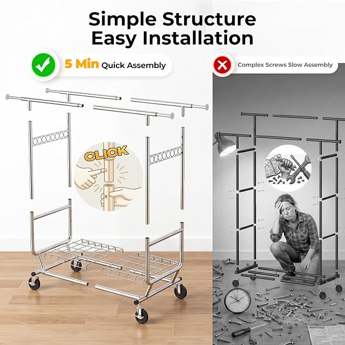 HOKEEPER Clothes Rack Heavy Duty Clothing Rack Load 650 LBS Collapsible Garment Rack with Wheels Double Rod Clothes Rack for Hanging Clothes Commercial Portable Closet Rack with Shelves 22"D*75"W*68"H