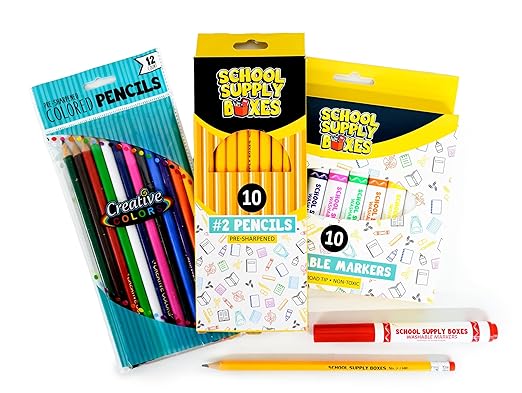 Back to School Supply Box (Pallet - 180 Boxes) - Grades K-5 Back to School Supplies - 32 Piece Kit Includes Markers, Crayons, Pencils, Scissors, Folders, Glue Sticks, Notebook, and Composition Book