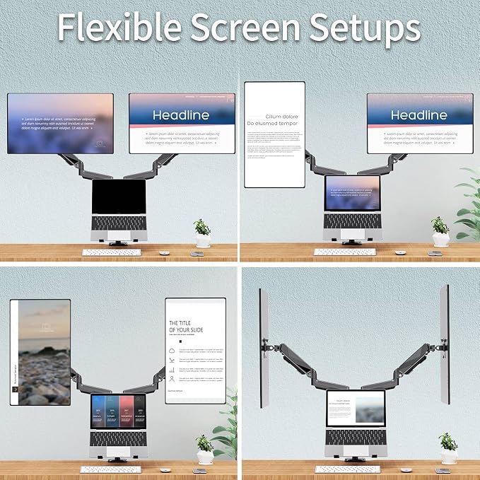 MOUNTUP Dual Monitor and Laptop Mount, Adjustable Monitor Stand for 2 Max 27" Computer Screens, Laptop Tray Fits 10-17inch Notebook, Holds 4.4-17.6lbs Per Arm, 3-in-1 Adjustable Monitor Desk Mount