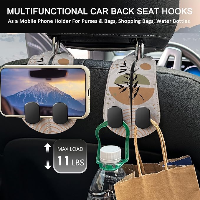 Blusabaca 2PCS Car Seat Headrest Hooks, Purses Bags Holder, Boho Leaves | PU Leather, Double Metal Back Storage Hangers for Grocery Bags Handbags Bottles Coats Phones, Car Accessories Organization