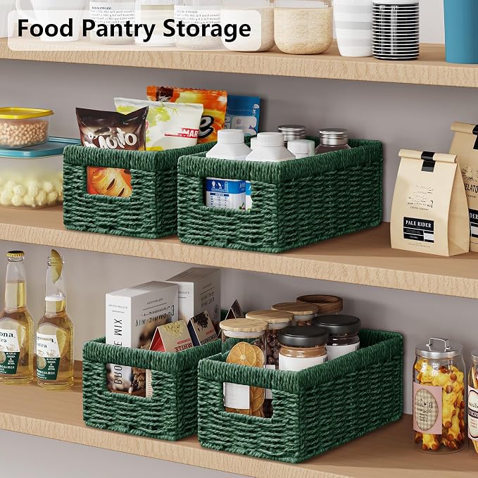 Vagusicc Wicker Storage Basket, Set of 2 Hand Woven Wicker Baskets for Organizing with Handles, Decorative Small Storage Bins for Countertop Toilet Paper Basket for Toilet Tank Top Shelves, Green
