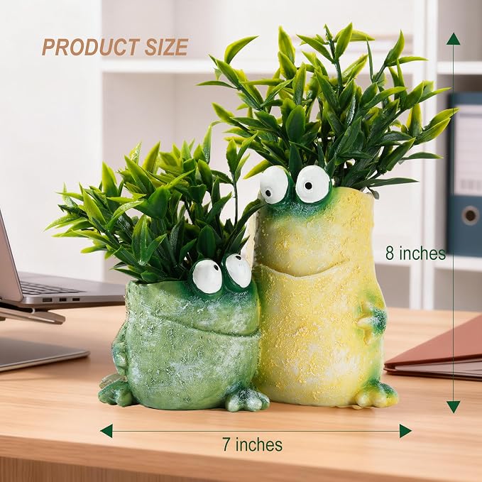 Frog Pen Holder for Desk, Cute 2-in-1 Resin Flower Pot & Pencil Cup, Holds 10 Pens, Vintage Stacked Frog Figurine with Removable Artificial Grass, Functional Desk Organizer for Office Home Decor,
