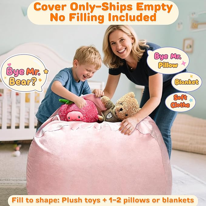 Lukeight Stuffed Animals Storage Bean Bag Chair Cover Only (Ships Empty, No Filling) - Velvet YKK Zipper Beanbag Cover for Kids and Big kids, Washable Plush Toy Organizer, X-Large 30" D x 18" H