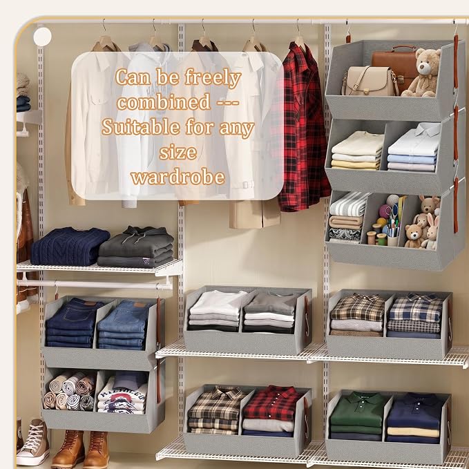 3-Tier Hanging Closet Organizer, Extra Large Fabric Closet Shelves with Zipper, Foldable Closet Storage Organizer for Clothes, Handbags, Socks, Underwear, Dorm Room and RV,Grey- 1 Pack