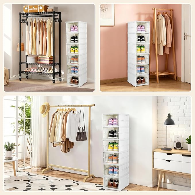 6 Tier Collapsible shoe rack, Drop front shoe box, White | No Assembly, Stackable, Clear Door, Plastic with Lids, Drop Front , Foldable Shoe Storage Box, shoe bin for entryway,