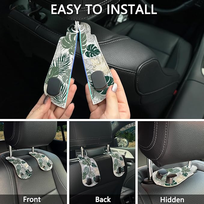 Blusabaca 2PCS Car Seat Headrest Hooks, Purses Bags Holder, Tropical Leaf | PU Leather, Double Metal Back Storage Hangers for Grocery Bags Handbags Bottles Coats Phones, Car Accessories Organization