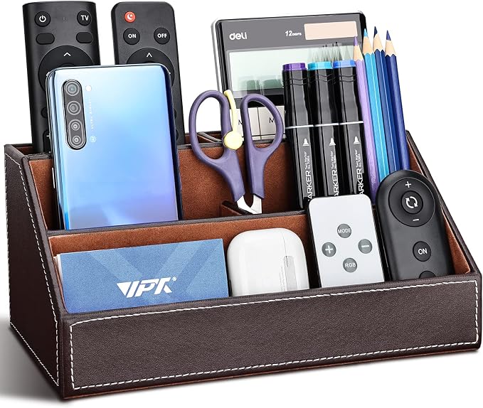 KINGFOM Pu Leather Desk Organizer with 5 Compartments Holder, Multi-Functional Office Supplies Storage Caddy for Pen/Pencil, Phones, Remote Controller and Desktop Accessorie Brown
