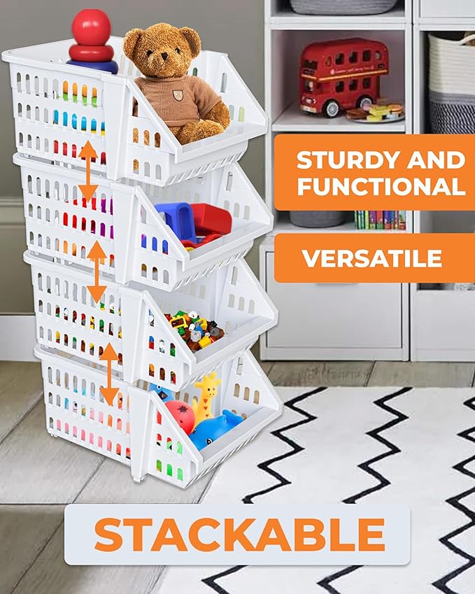Skywin TidyFriend Small Stackable Storage Bins for Toy Organizer and Storage 8 Pack, Toy Storage Organizer for Kids Room and Home Organization (White)