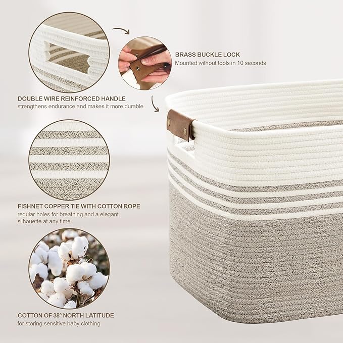 100L Large Woven Laundry Basket Hamper with Leather Handles,Brown | 24"x16"x16", collapsible wicker hamper, storage for dirty clothes, toys, blankets, gifts, living room, bedroom, bathroom