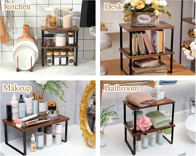 Marsui 4 Pcs Kitchen Organizer Accessories Set for Cabinet,Deep Color | Cabinet Organizer Shelves, Bamboo Dish Drying Plate Rack, Wooden Counter Storage Holder, for Spice Dish Pot Lid Bowl Cup