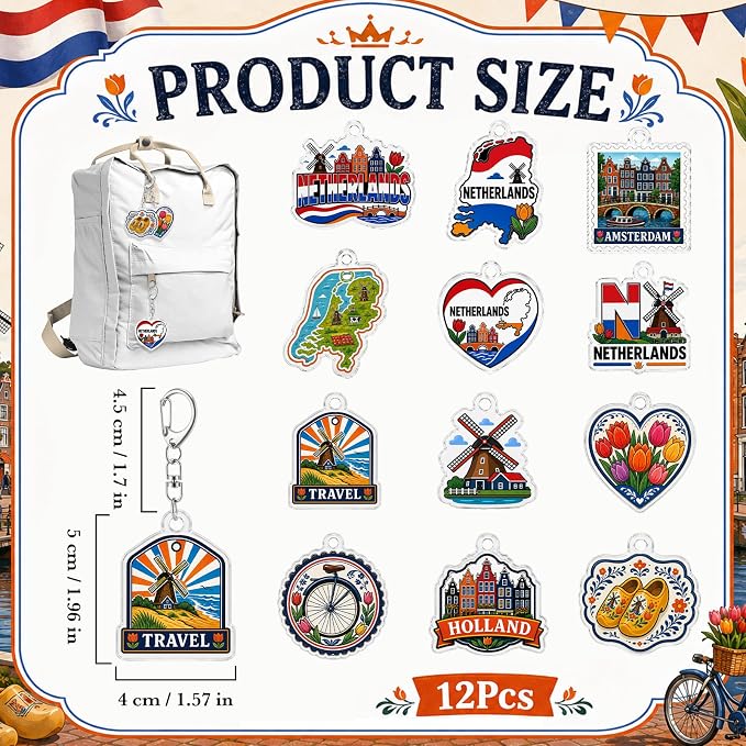 12Pcs Netherlands Keychain Souvenir Set Acrylic Holland Amsterdam Travel Key Ring Charms with Dutch Windmill Tulip Wooden Shoes Design Aesthetic Bag Pendant Party Favors Gift for Backpack Key Decor