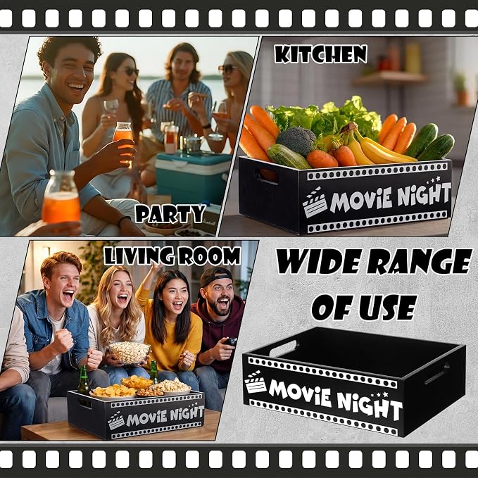 GlikCeil Movie Night Supplies Snack Trays with Handles Reusable Wooden Movie Gift Basket for Theater Popcorn Bucket Bowl Box Container Family Room Decor (Classic Style 1)