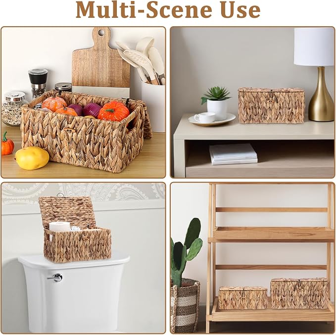 Sumnacon Storage Basket with Lid, Water Hyacinth Shelf Baskets for Organizing, Farmhouse Bathroom Woven Bins for Tampons and Pads, Toilet Paper, Towels,Decorative Organizer Box for Counter, Vanity (M)