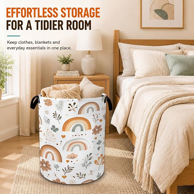 Rainbow Flowers Laundry Basket,Boho Large Collapsible Portable Round Laundry Hamper with Handles,Oxford Storage Bin for Clothes,Blankets,Bedroom,Bathroom