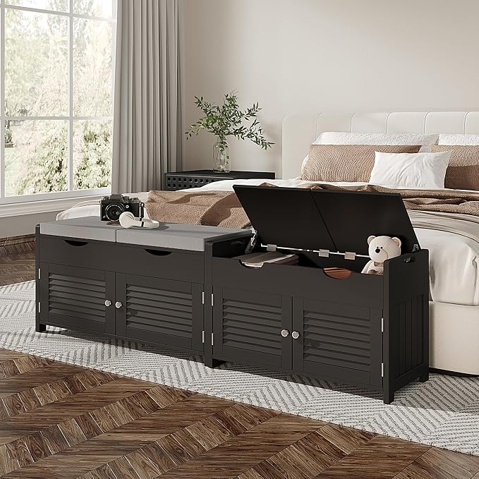 ChooChoo Shoe Storage Bench with Lift Top Storage & Cushioned Seats | 29.5" Entryway Bench with 3 Compartments & Adjustable Shelf, for Entryway, Black