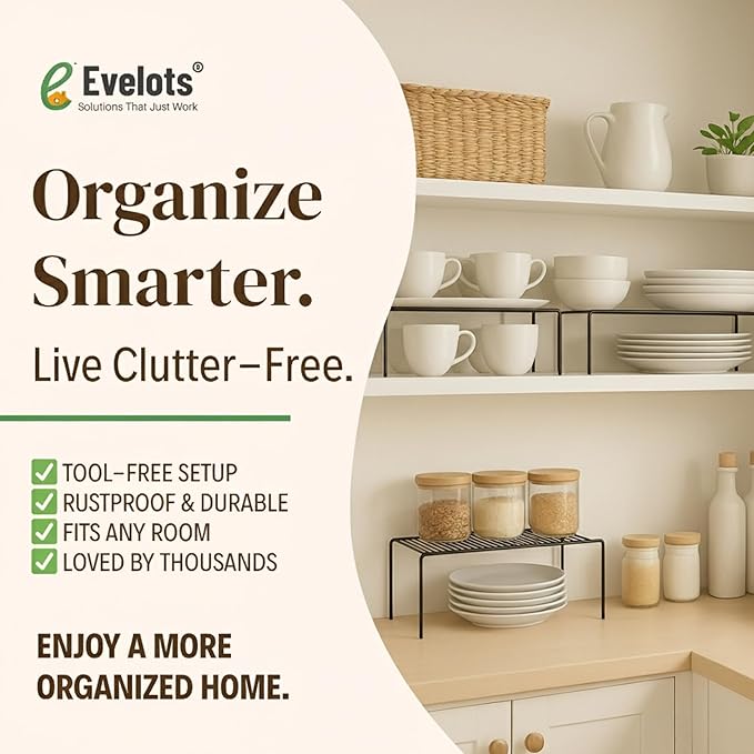 Evelots Kitchen Cabinet Wire Shelf Organizer/Rack - 4 Pack Sturdy Large Metal Shelf Risers - Double Your Counter Space - Great for Kitchen, Freezer, Pantry and Bathroom - Rustproof - Black