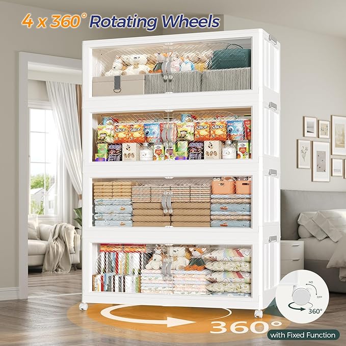 640QT Extra Large Stackable Storage Bins with Lid, 160Gal Plastic Closet Organizers and Storage Drawer, Collapsible Cabinet Box with Wheels Clear Doors for Home Kitchen Office, 4Pack White