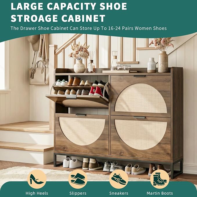 Flip Drawer Shoe Cabinet, Slim Narrow Entryway Storage Furniture with Hidden Flip-Open Organizer, Engineered Wood & Veneer Construction, Hallway Living Room Foyer, 4 Drawer, Oak