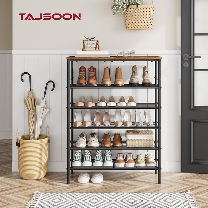 Tajsoon 6 Tier Shoe Rack Organizer for 20-24 Pairs of Shoes, Metal Mesh Shoe Shelf for Closet, Industrial Shoe Rack for Entryway Shoe Storage with X Shape Fixed Frame, Rustic Brown & Black