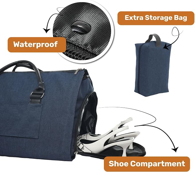 Convertible Garment Duffel Bag for Travel, Large Carry On Weekender Bag with Hanging Clothes Feature, Overnight Travel Duffle Bag for Women with Shoe Compartment (Navy Blue)