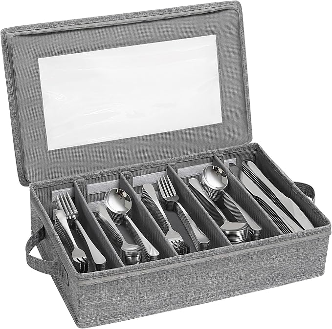 Lifewit Silverware Storage Box, Covered Flatware Organizer with Zipper Lid, 5 Compartment Cutlery Case with Adjustable Divider and Handle, Utensil Container for Spoon Fork Knives, 1 Pack