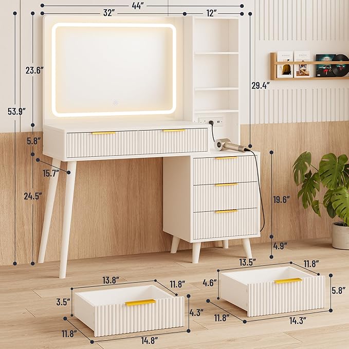 Vanity Desk with Mirror and Lights, Makeup Vanity Desk with Power Outlet, Makeup Desk with 5 Drawers&Storage Shelves, Vanity Table 3 Color Modes Adjustable Brightness Dressing Table Set for Bedroom