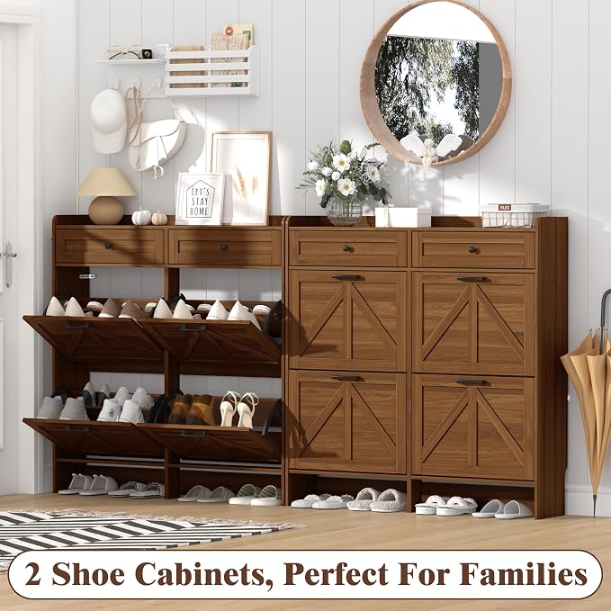 Thacuok Shoe Cabinet with 4 Flip Drawers & 2 Storage Drawers, Rustic Farmhouse Narrow Shoe Organizer Cabinet, Slim Shoe Rack Cabinet, Shoe Storage Cabinet for Entryway, Hallway, Front Door
