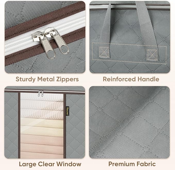 BALEINE 3 Pack Clothes Storage Bags, 24 Gallon Storage Containers with Reinforced Handle, Sturdy Zipper, Closet Organizer for Blanket, Comforter, Pillow, Bedding (Grey, 3 Pack)