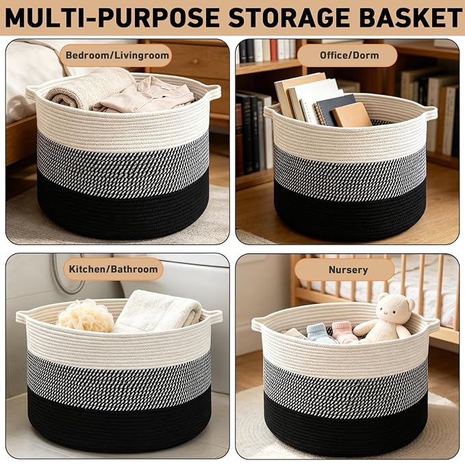90L Extra Large Blanket Basket,Woven Rope Laundry Basket Hamper with Handles, Decorative Nursery Basket Storage Bin for Toys, Clothes Organizer, Living Room, Bedroom, Bathroom, Black