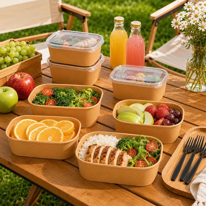 50 Pack 29oz Disposable Kraft Paper Bowls with Lids and Forks, Leak Resistant Meal Prep Containers, Microwave & Freezer Safe for Weekly Lunch Prep, Leftovers, Takeout and Party