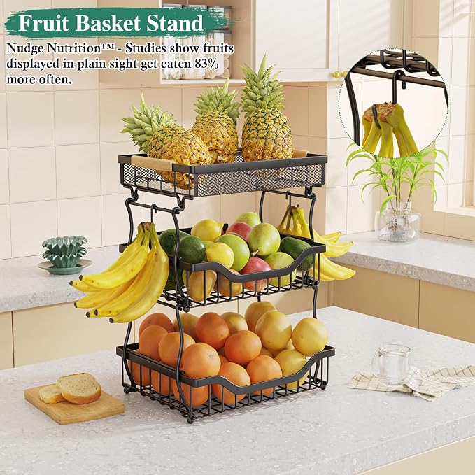 OKZEST 3-Tier Fruit Basket Fits Under Standard Upper Cabinet, 17.2" Tall | 2-In-1 Wall Mount & Countertop. Ultra-Fine Mesh Top Basket & Banana Hangers, Holds Potato, Onion, Bread, Snack, Fruit, Veggie