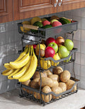 OKZEST 3-Tier Fruit Basket Fits Under Standard Upper Cabinet, 17.2" Tall | 2-In-1 Wall Mount & Countertop. Ultra-Fine Mesh Top Basket & Banana Hangers, Holds Potato, Onion, Bread, Snack, Fruit, Veggie