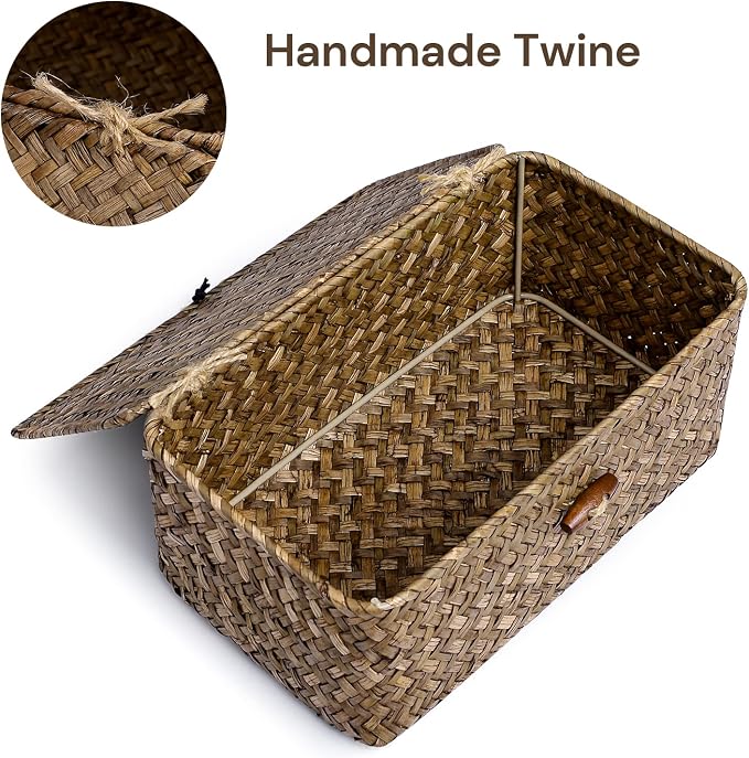Natural Seagrass Storage Baskets with Lid,Multipurpose Home Organizer Bins Boxes for Shelf Organizer,Decorative Storage Bins- 12'' x 7'' x 6''