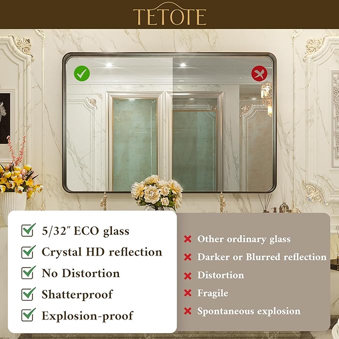 TETOTE 72 x 36 Inch Black Bathroom Mirror, Rectangle Matte Metal Frame Wall Mounted Mirror, Modern Farmhouse Round Corner Large Mirrors for Double Vanity (Horizontal/Vertical)