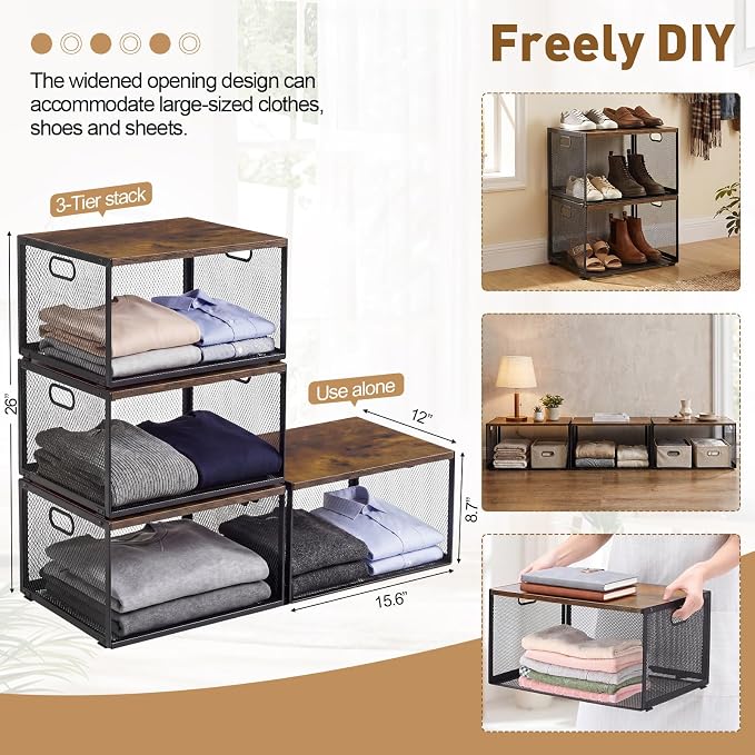 AceOrbit 3 Pcs Widened Stackable Closet Organizers and Storage with Wood Foldable Top Metal Cube Closet Shelf DIY Space Saving Linen Cloth Shoe Bed Sheet Bin for Wardrobe Bedroom(15.6"x12"x8.7", deep)