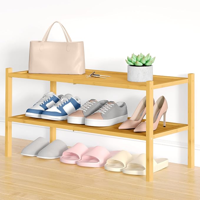 Smiry Bamboo Shoe Rack, 2 Tier Shoe Organizer for Entryway & Closet, Stackable Free Standing Storage Shelf for Shoes, Bags & Plants, Natural